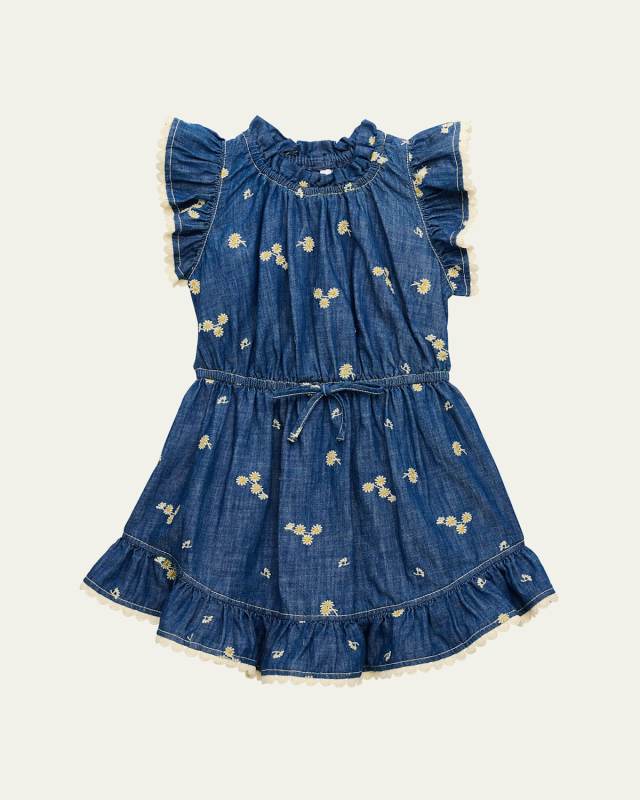 Girl's Lucky Denim Daisy Embroidered Dress, Size 1-12